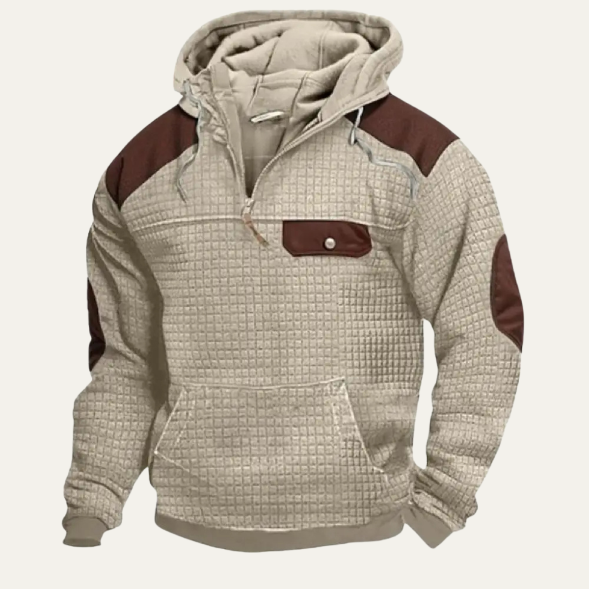 Voss | Men's Quilted Pullover Hoodie Cream Brown Colorblock