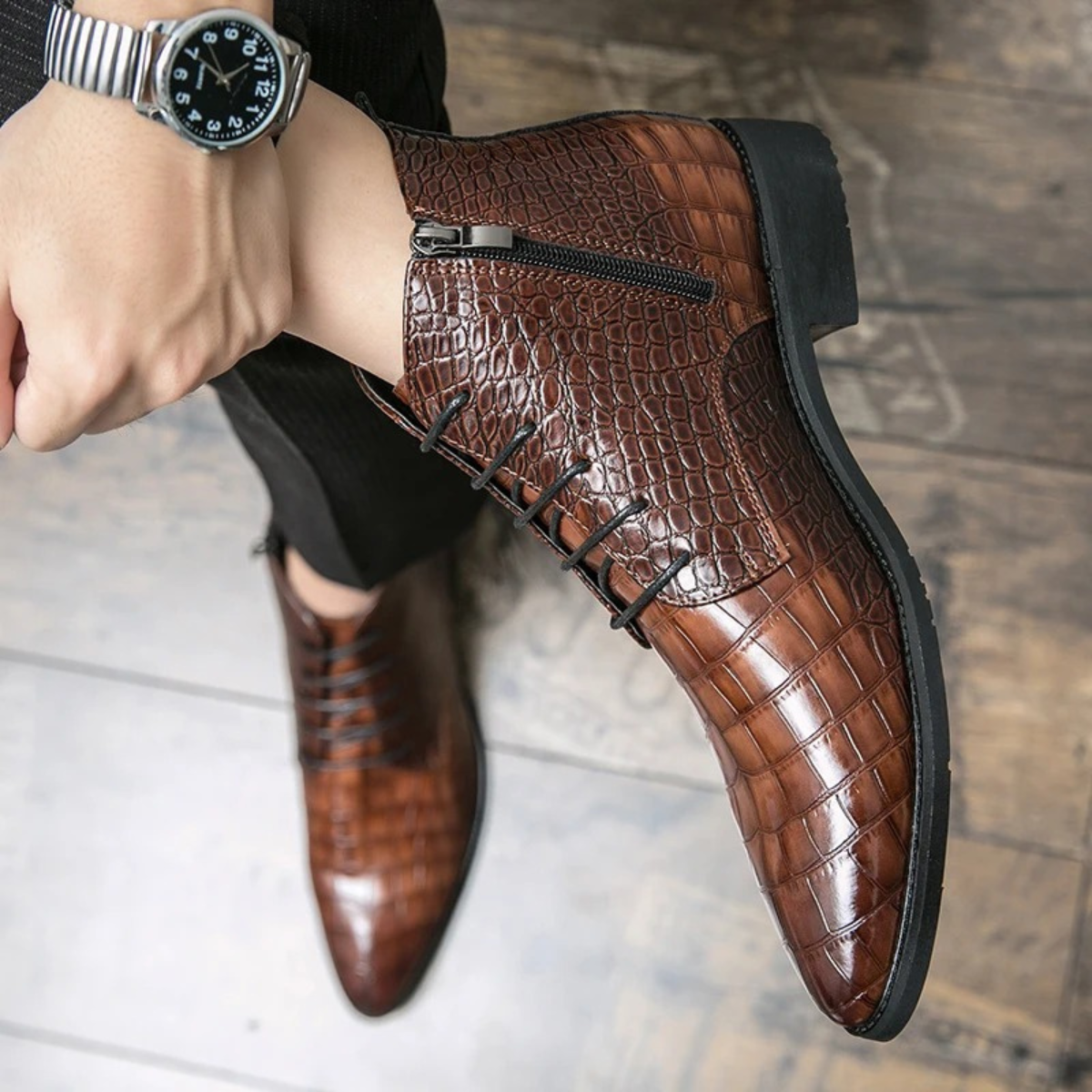 Axel | Men's Crocodile Embossed Leather Ankle Boots Brown