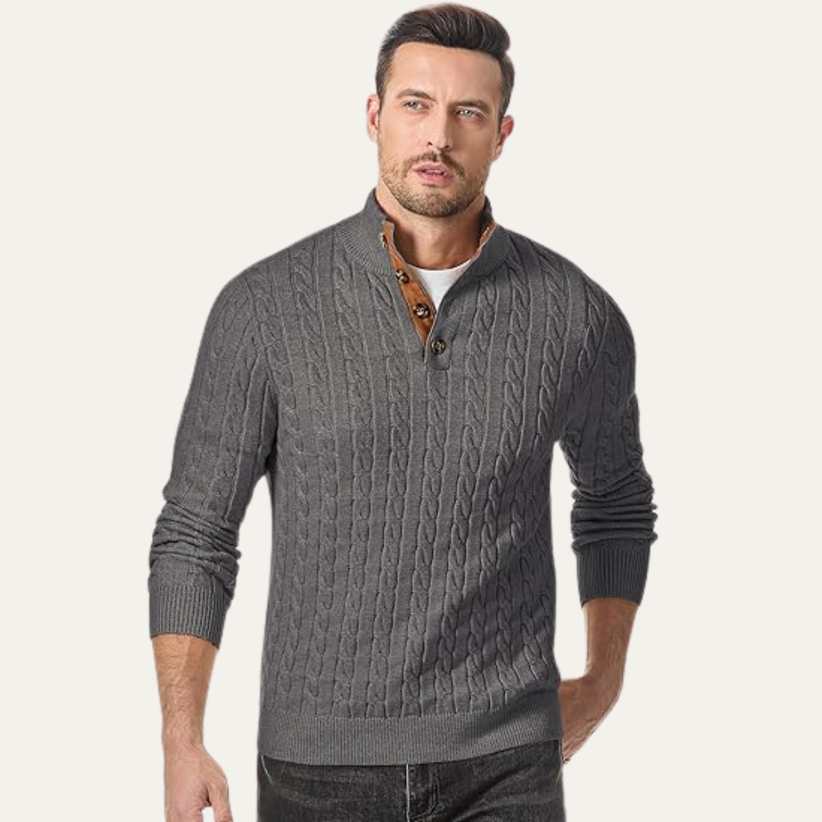 Bram | Men's Cable Knit Sweater Black Elbow Patch Quarter Zip