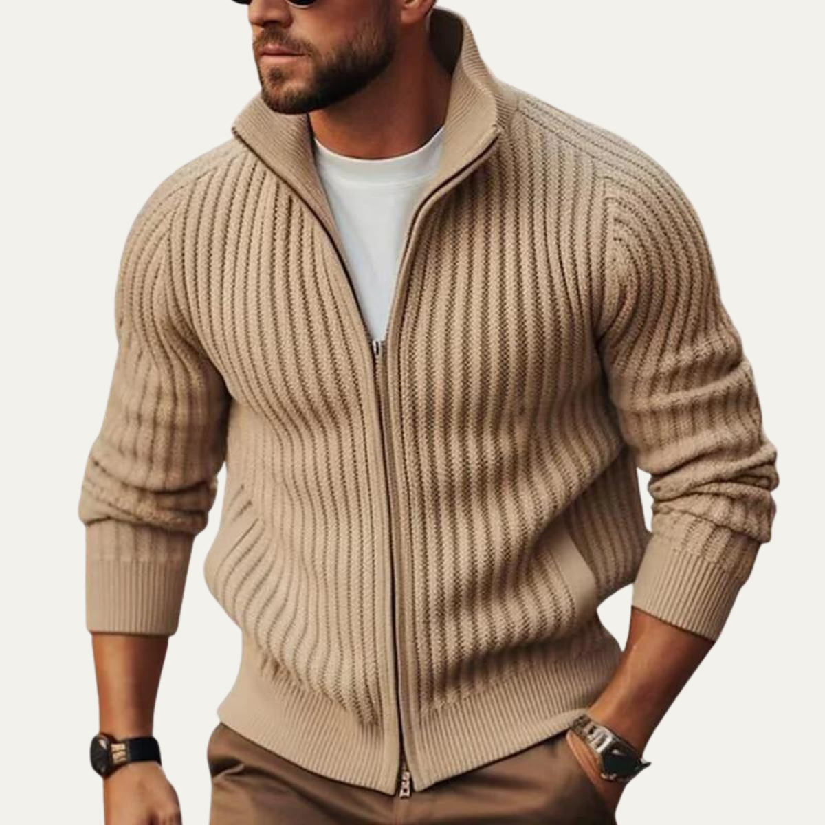 Atlas | Men's Ribbed Zip Up Cardigan Cream Stand Collar