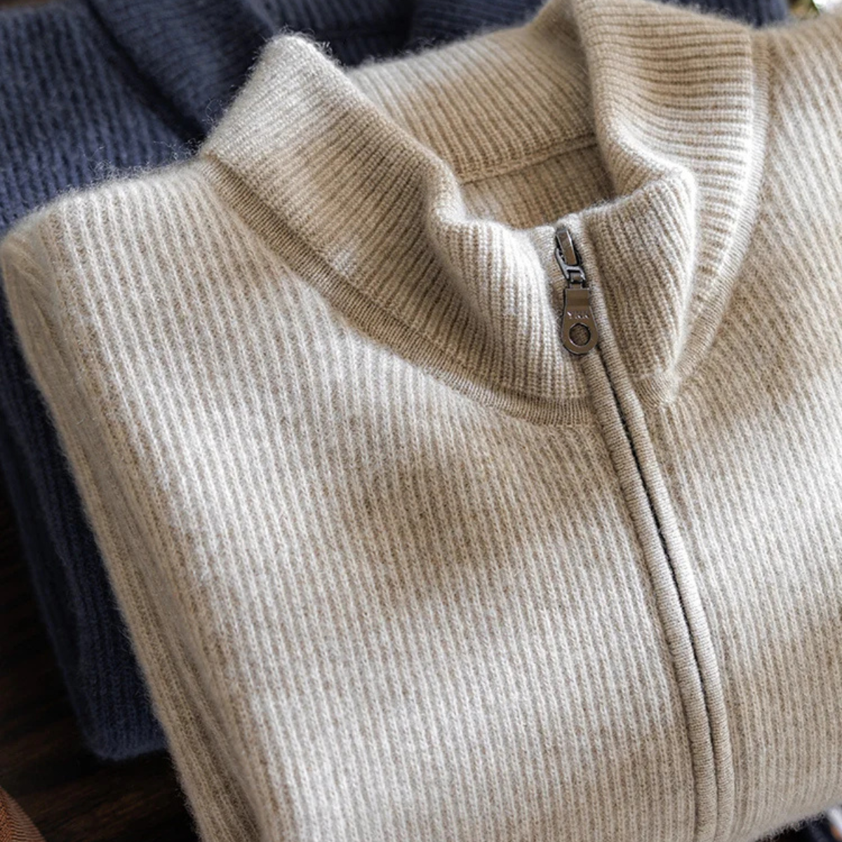 Mira | Men's Zip Up Cardigan Cream Ribbed Knit