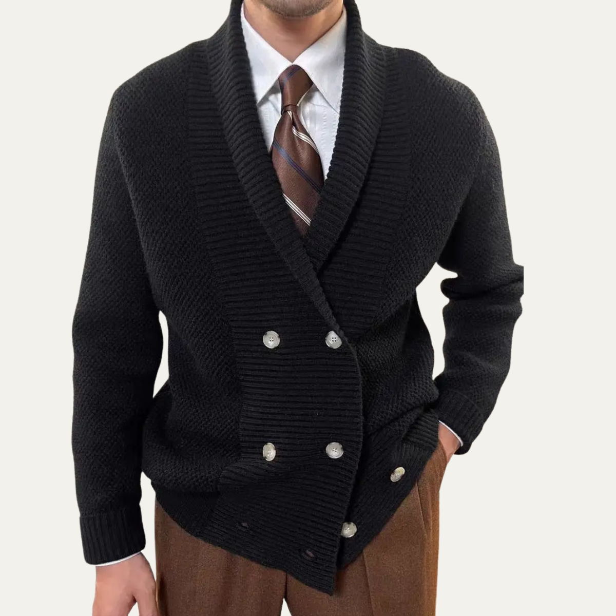 Beau | Men's Double Breasted Cardigan Cream Chunky Knit Shawl Collar