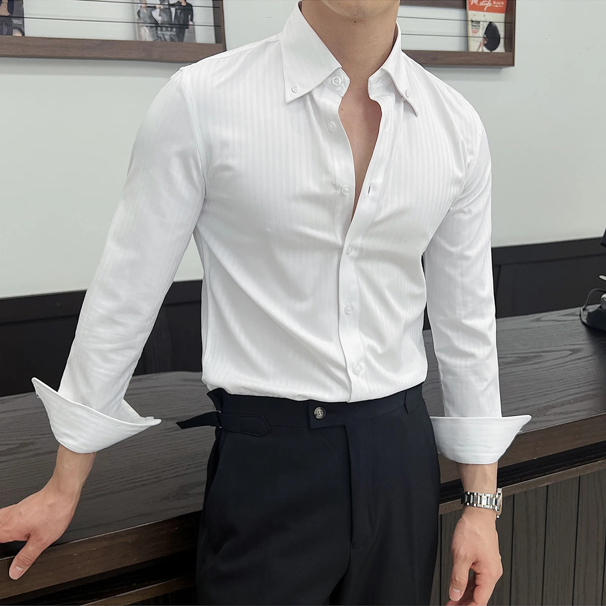 Axel | Men's Striped Button Up Shirt Light Blue Long Sleeve