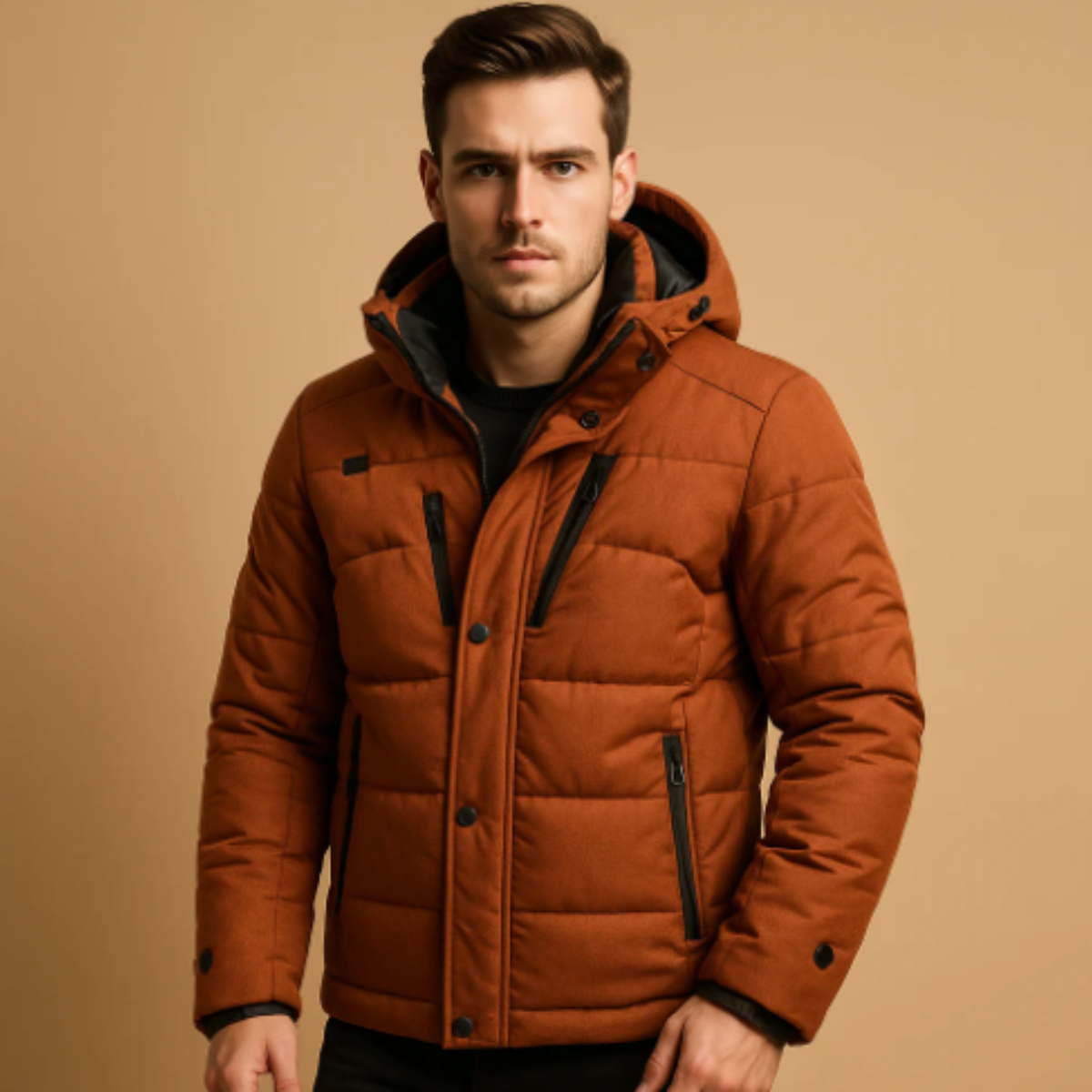 Flint | Men's Olive Puffer Jacket Hooded Zip Pockets