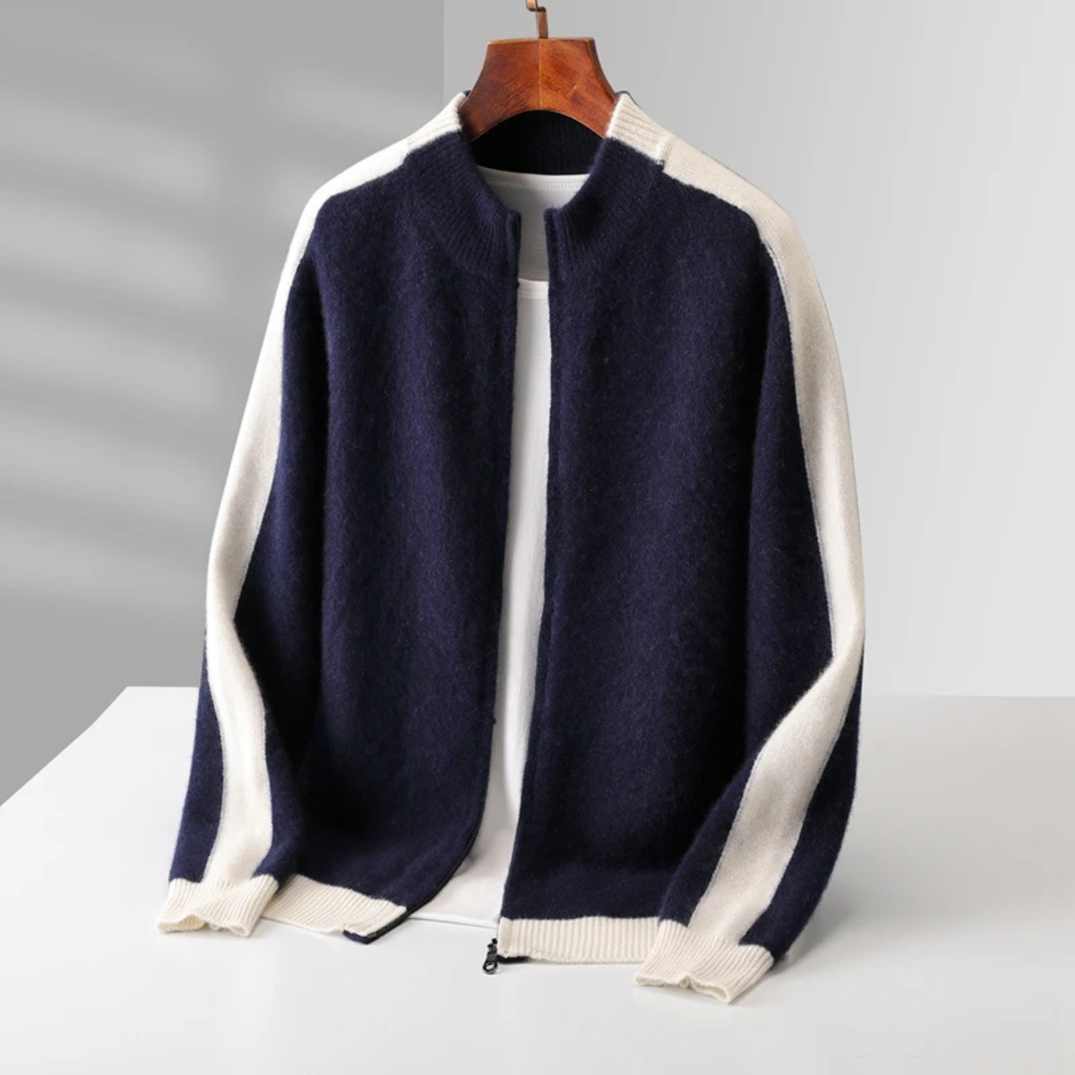 Ines | Men's Colorblock Cashmere Cardigan Cream Light Blue