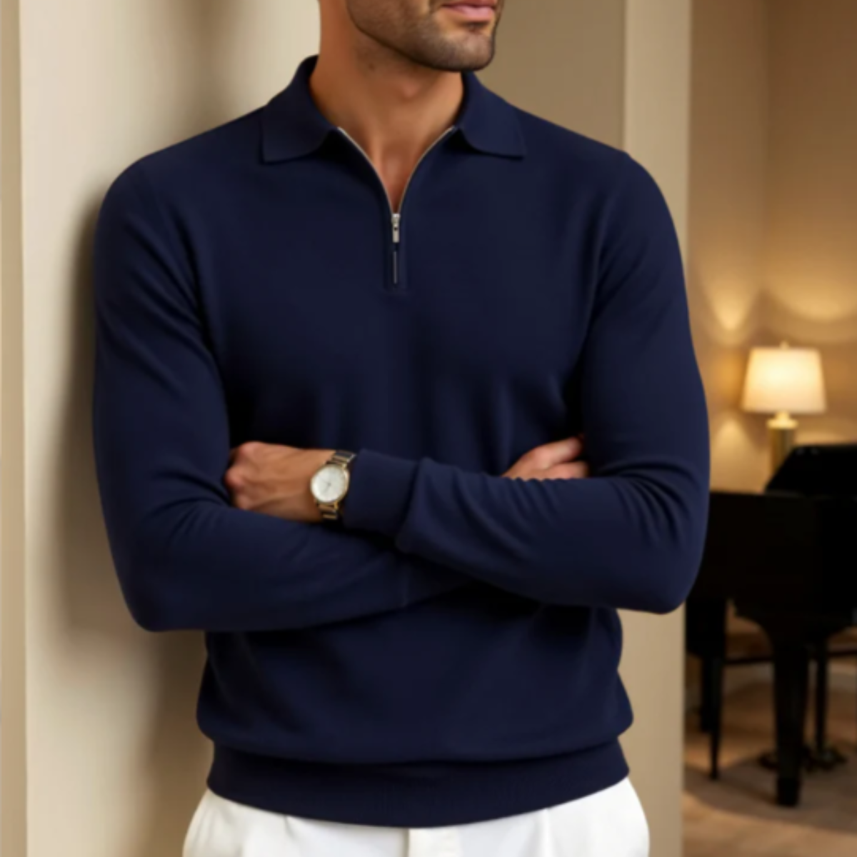 Rhys | Men's Quarter Zip Sweater Cream Polo Collar