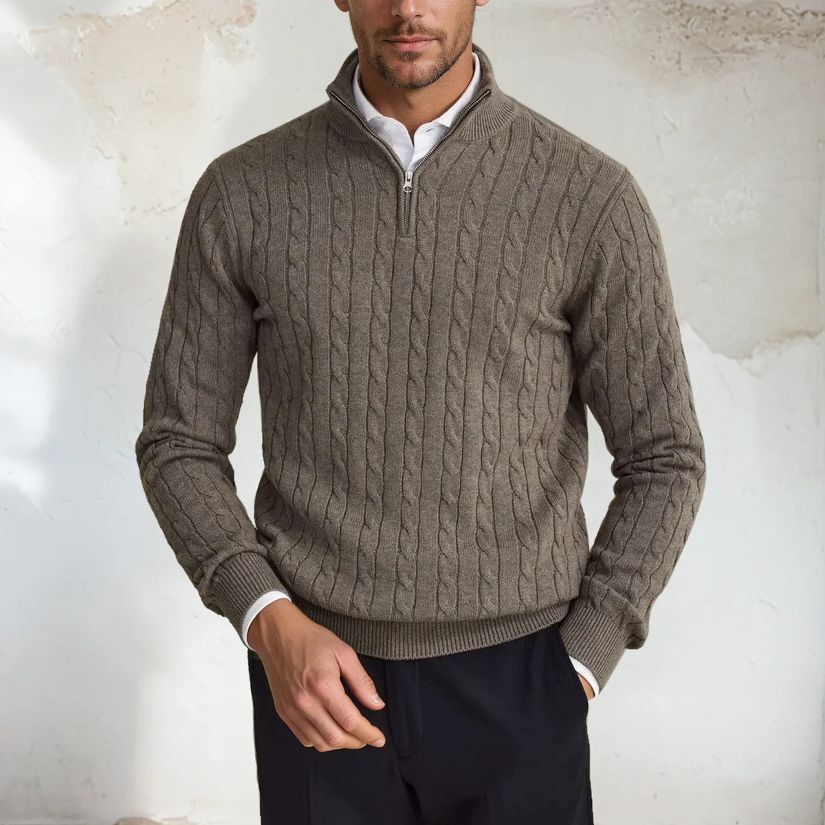 Bram | Men's Quarter Zip Cable Knit Sweater Taupe