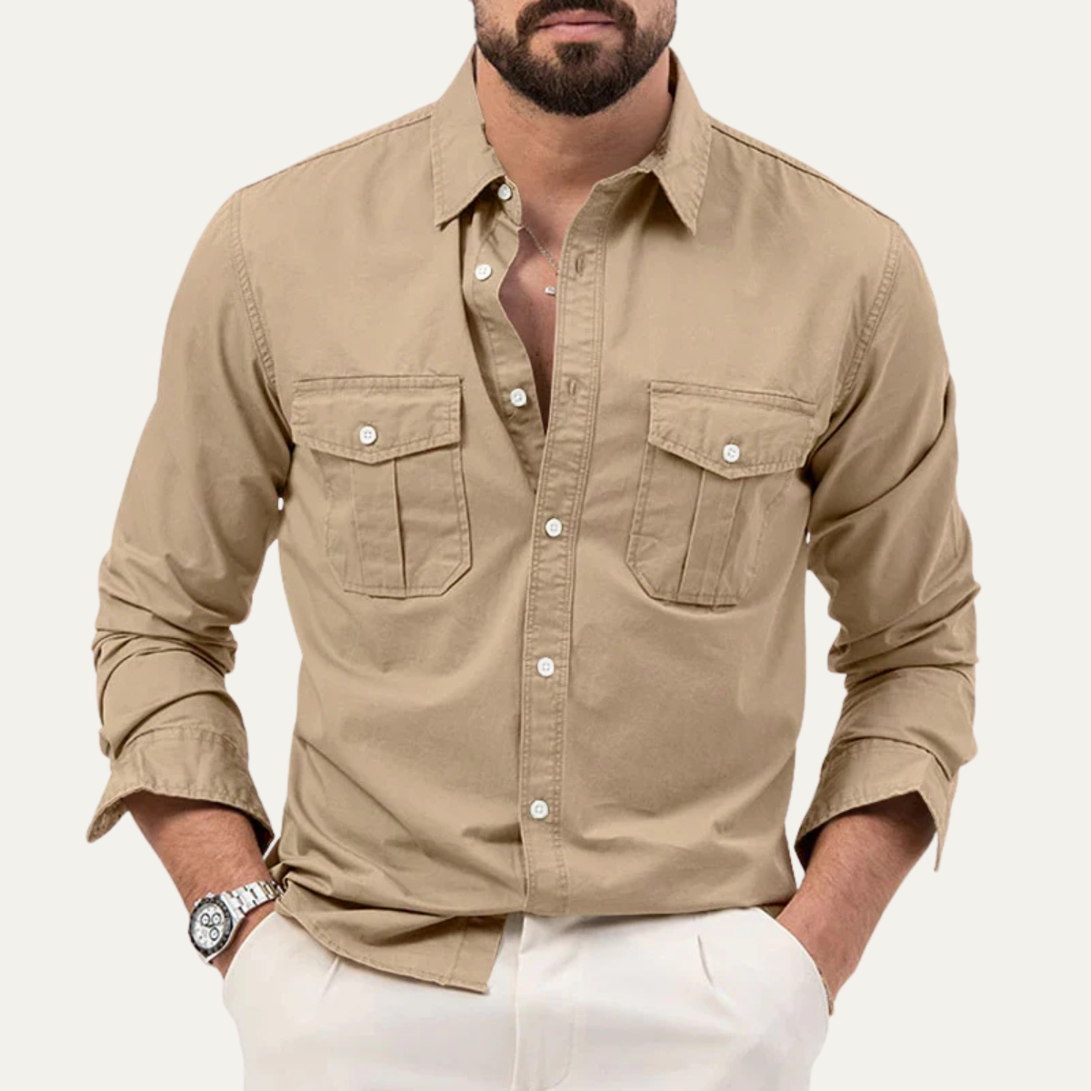 Ezra | Men's Utility Button Up Shirt Olive Long Sleeve