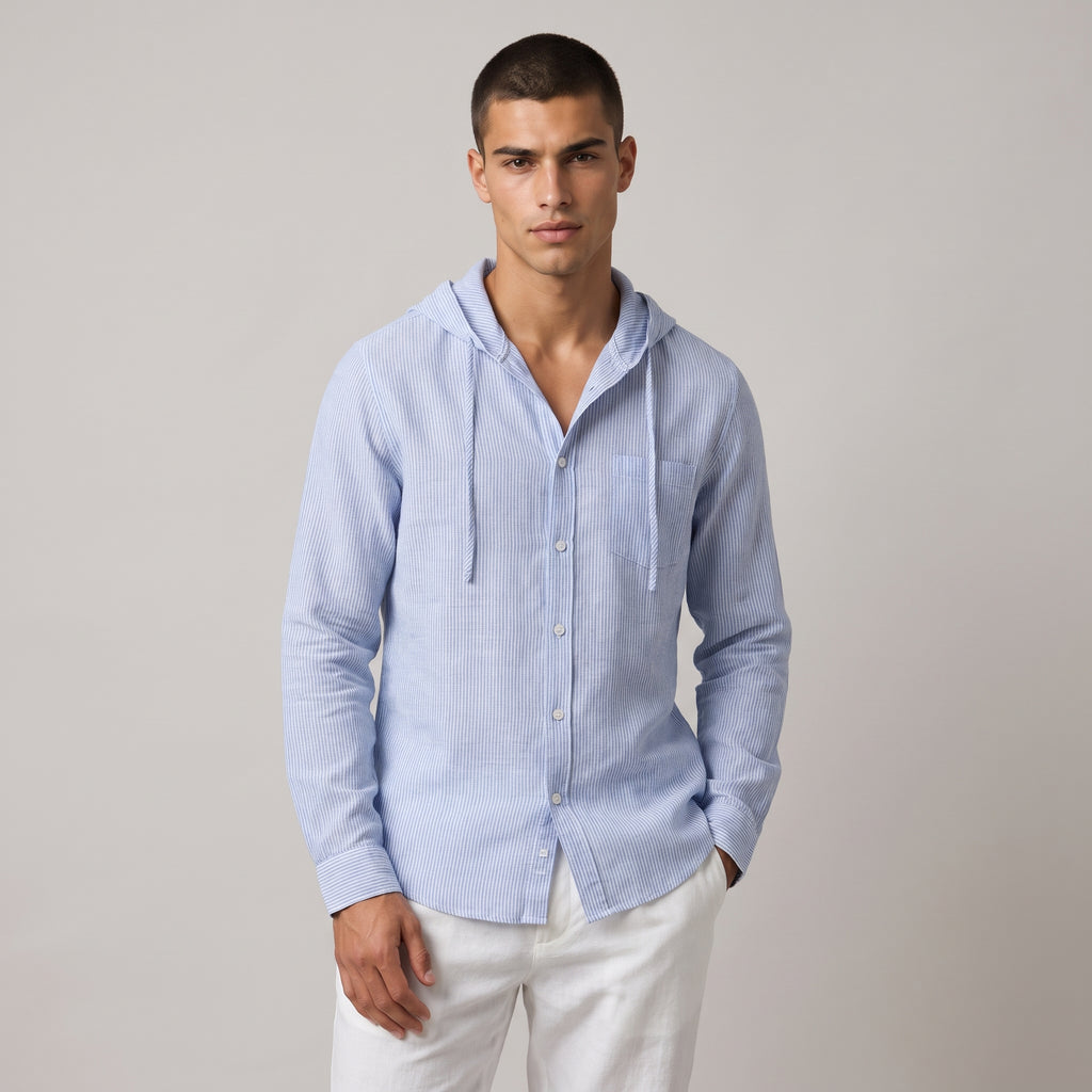 Dama Washington Ezra men's hooded linen shirt light blue - model front view