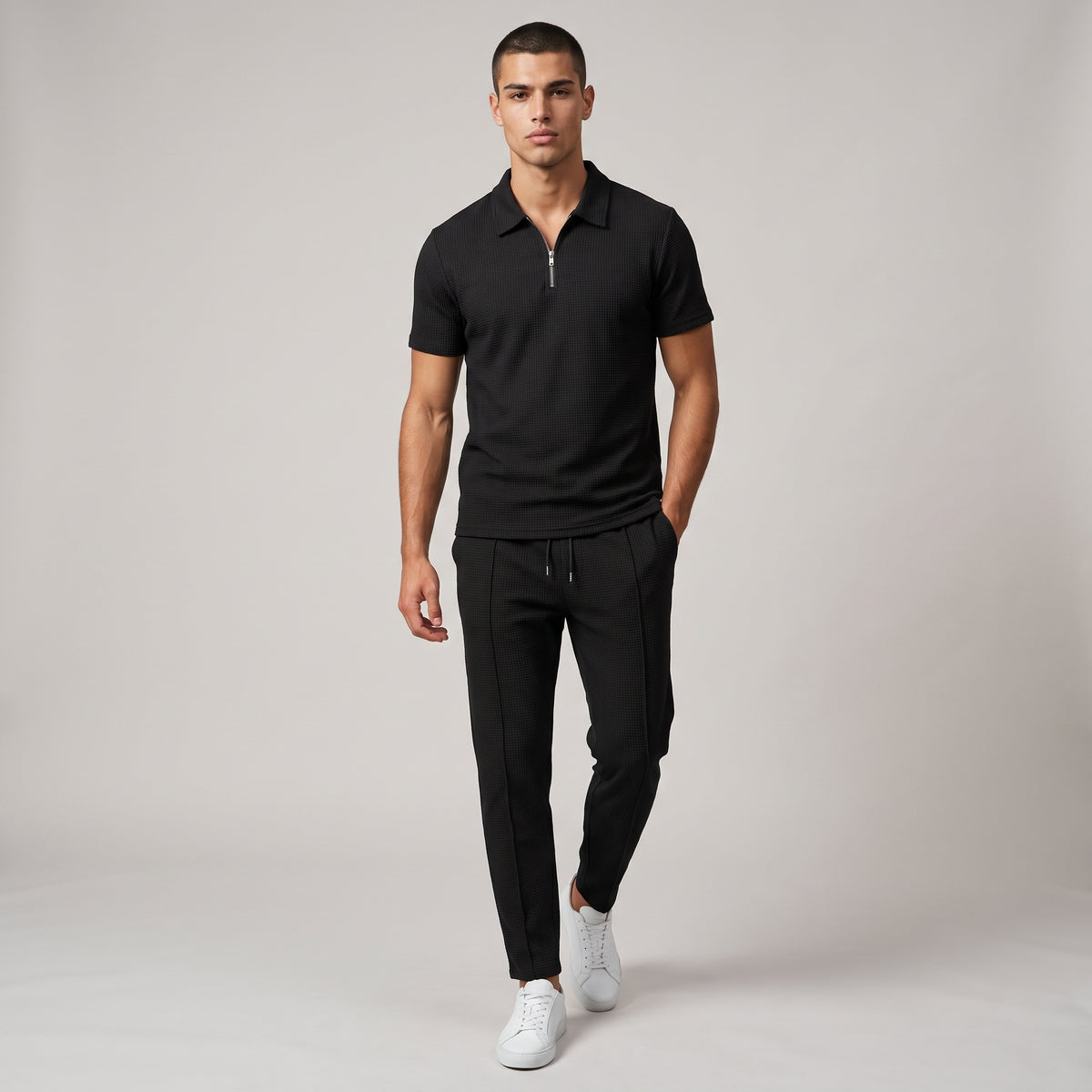 Dama Washington Wyatt men's casual waffle knit sweatsuit black - full outfit model view
