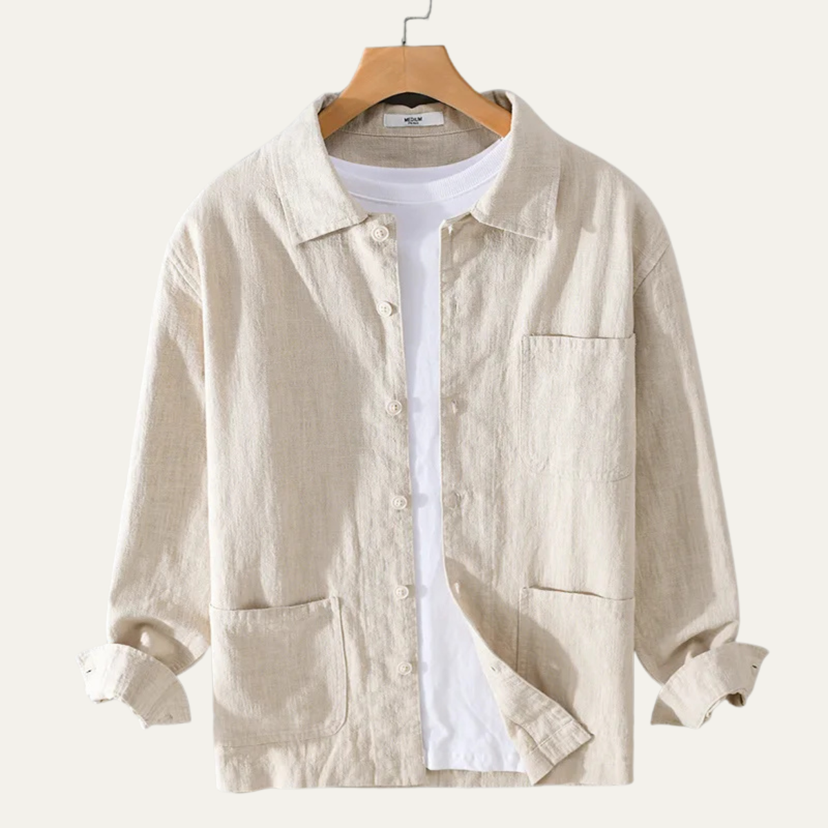 Hugo | Men's Casual Linen Shirt Jacket Cream With Pockets