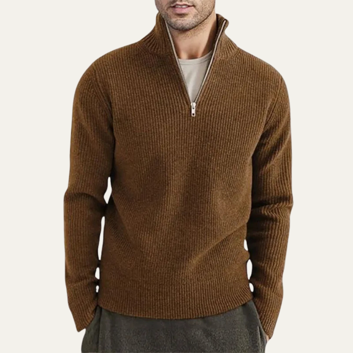 Rowan | Men's Ribbed Quarter Zip Sweater Brown Mock Neck