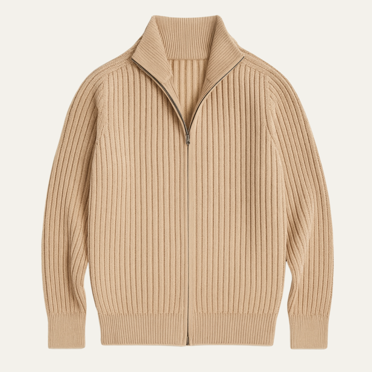 Atlas | Men's Ribbed Zip Up Cardigan Cream Stand Collar