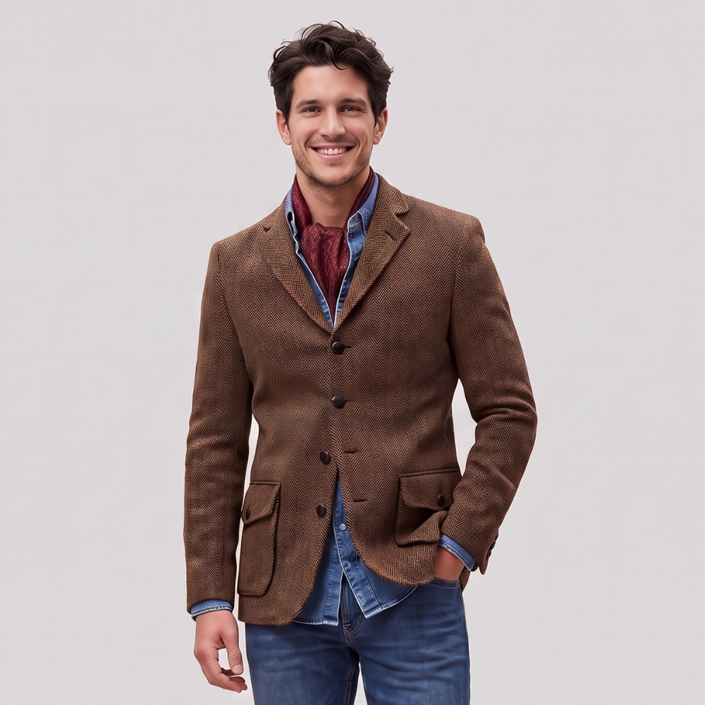 Voss | Men's Tweed Herringbone Blazer Brown Single Breasted