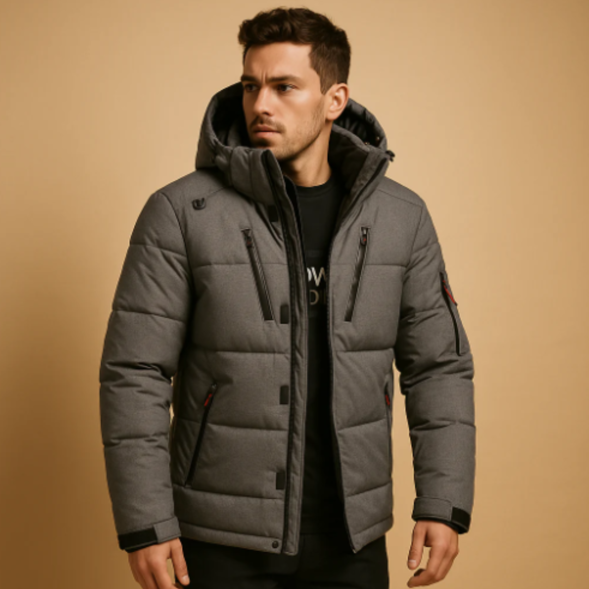 Flint | Men's Olive Puffer Jacket Hooded Zip Pockets