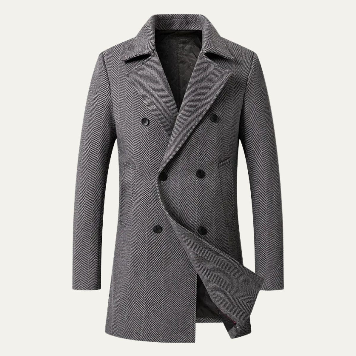 Axel | Men's Tweed Double Breasted Overcoat Beige Herringbone Wool Blend