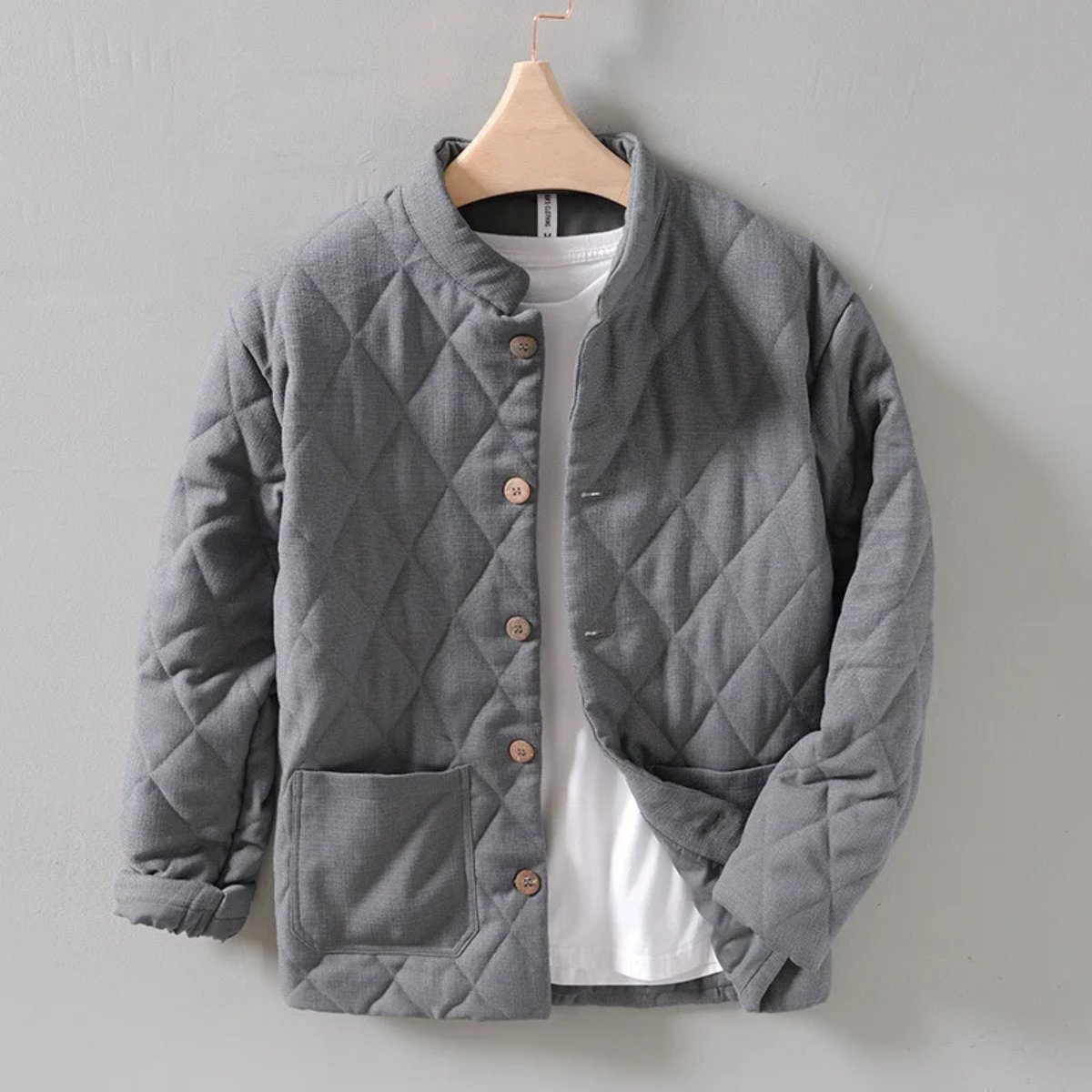 Bram | Men's Quilted Jacket Gray Button Front Stand Collar