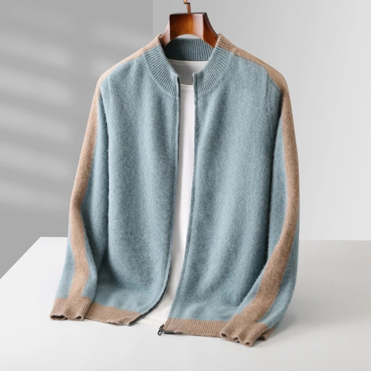 Ines | Men's Colorblock Cashmere Cardigan Cream Light Blue