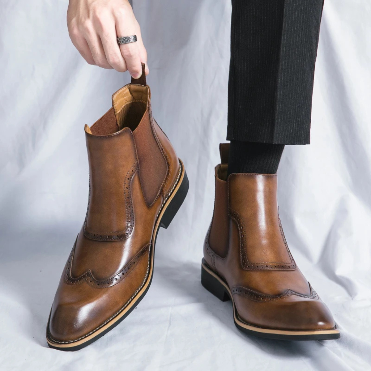 Axel | Men's Brogue Chelsea Dress Boots Brown Leather