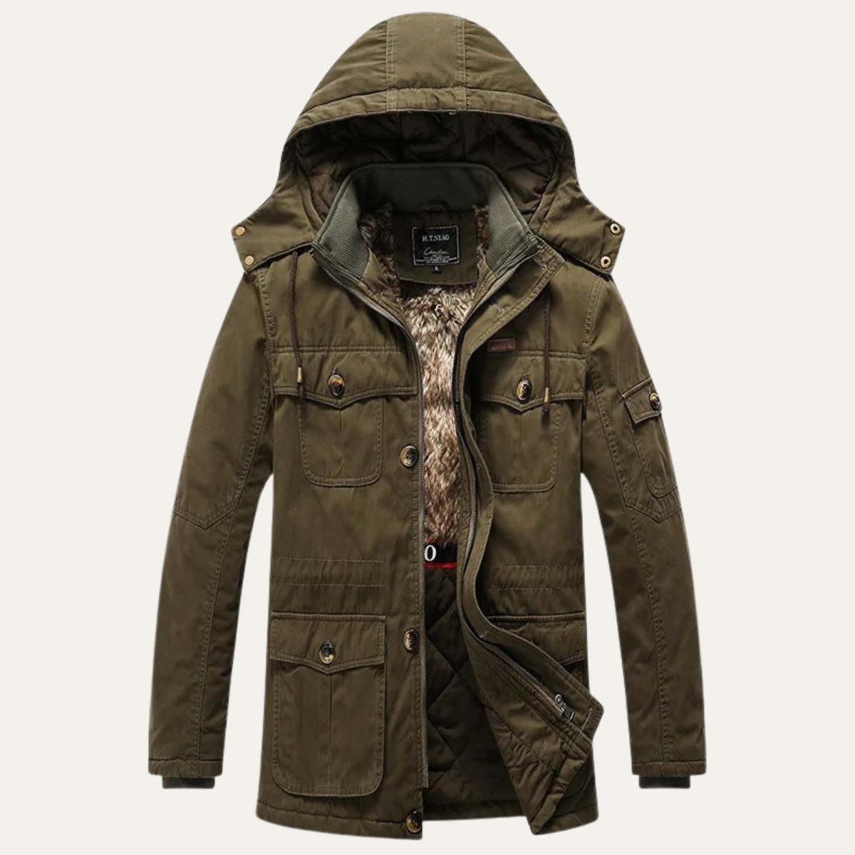 Cole | Men's Puffer Jacket Khaki Hooded Fleece Lined