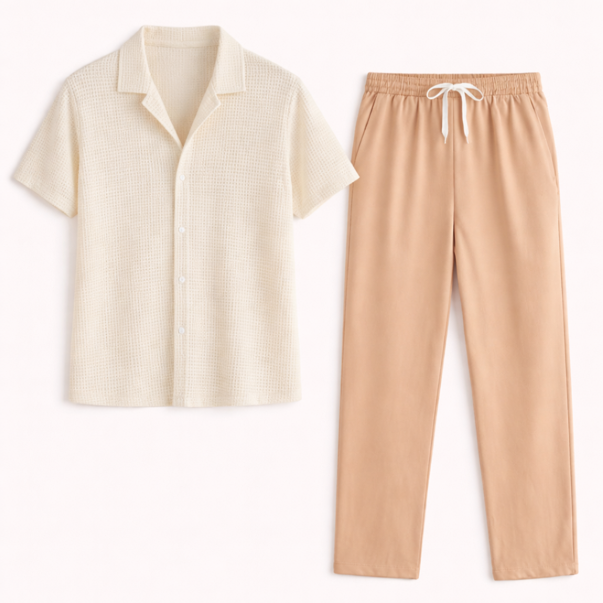 Callum | Men's Casual Linen Set Cream Short Sleeve Button Up Shirt And Beige Pants