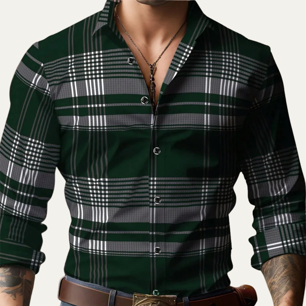 Otto | Men's Plaid Button Up Shirt Gray White Long Sleeve