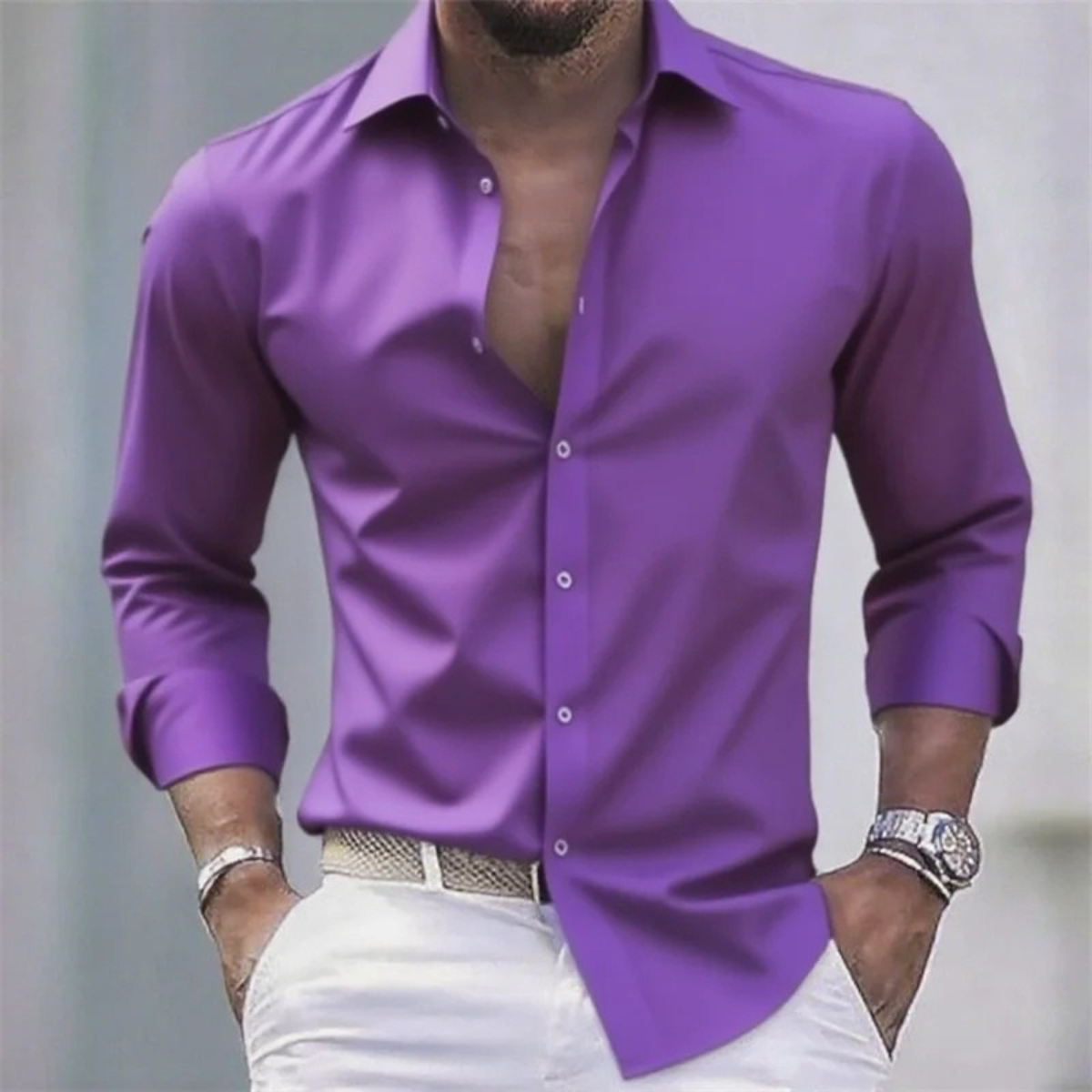 Ezra | Men's Slim Fit Button Up Shirt Cream Long Sleeve