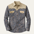 Dama Washington Flint men's patchwork denim shirt navy cream long sleeve - front view