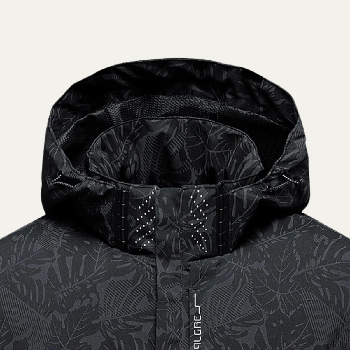 Rhys | Men's Windbreaker Rain Jacket Black Leaf Print Hood