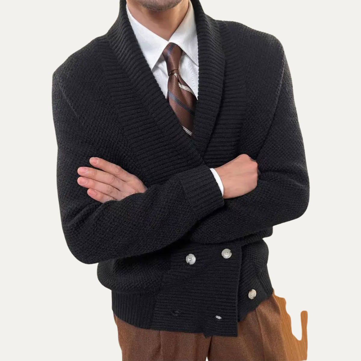 Beau | Men's Double Breasted Cardigan Cream Chunky Knit Shawl Collar