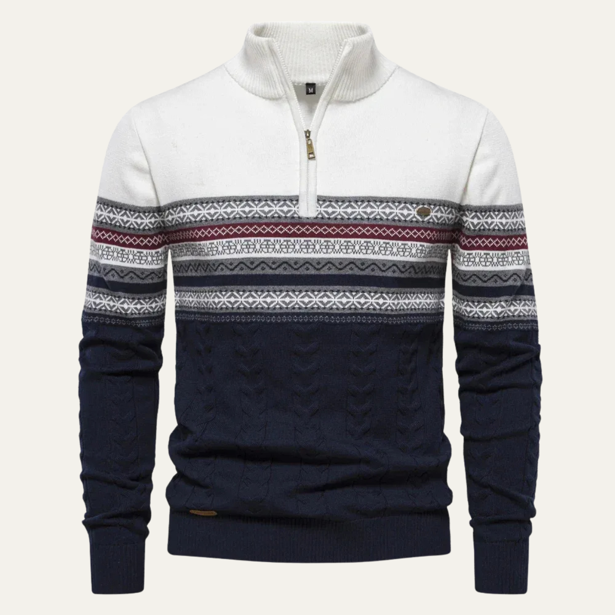 Dama Washington Axel men's fair isle quarter zip sweater cream navy - front view
