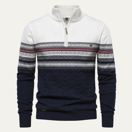 Dama Washington Axel men's fair isle quarter zip sweater cream navy - front view