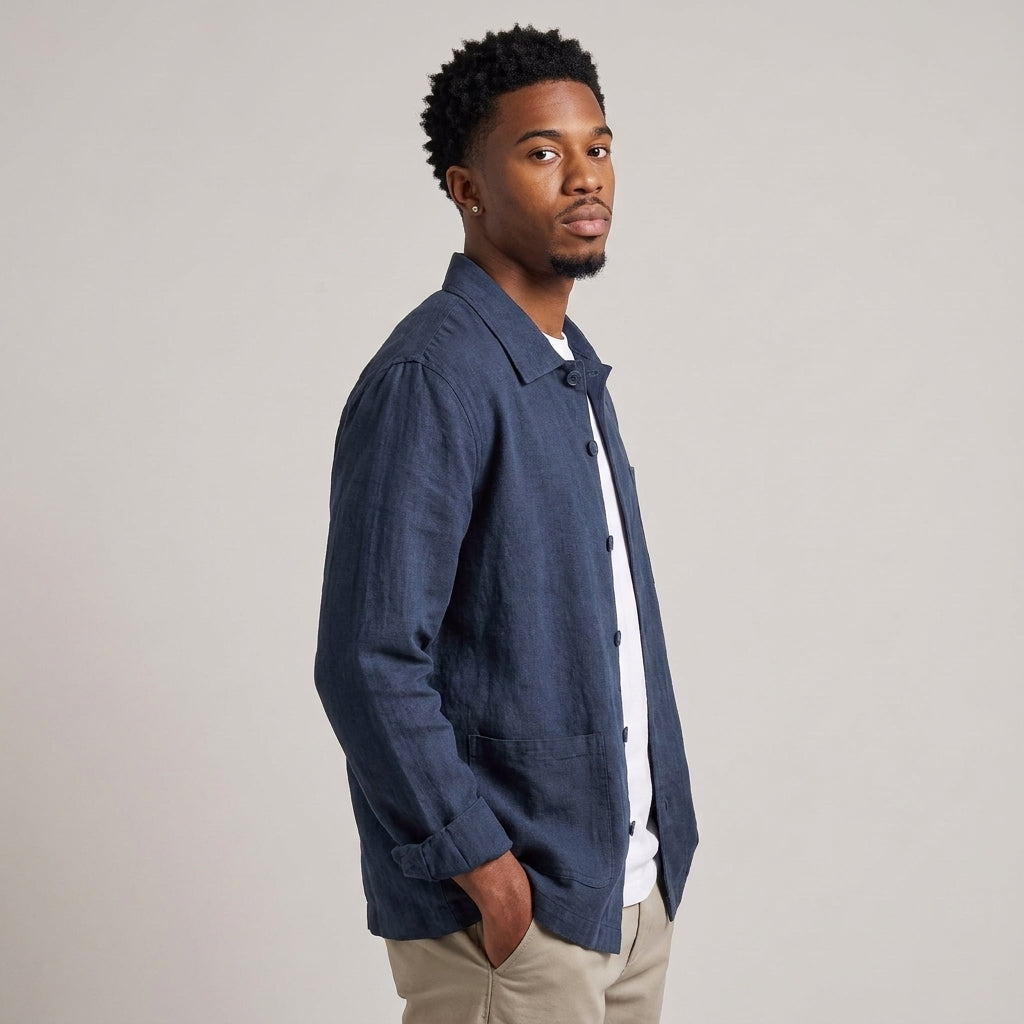 Dama Washington Hugo men's linen shirt jacket Navy Blue with pockets - model side view