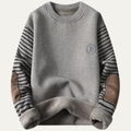 Dama Washington Sage men's crew neck sweater gray striped sleeve patchwork - front view