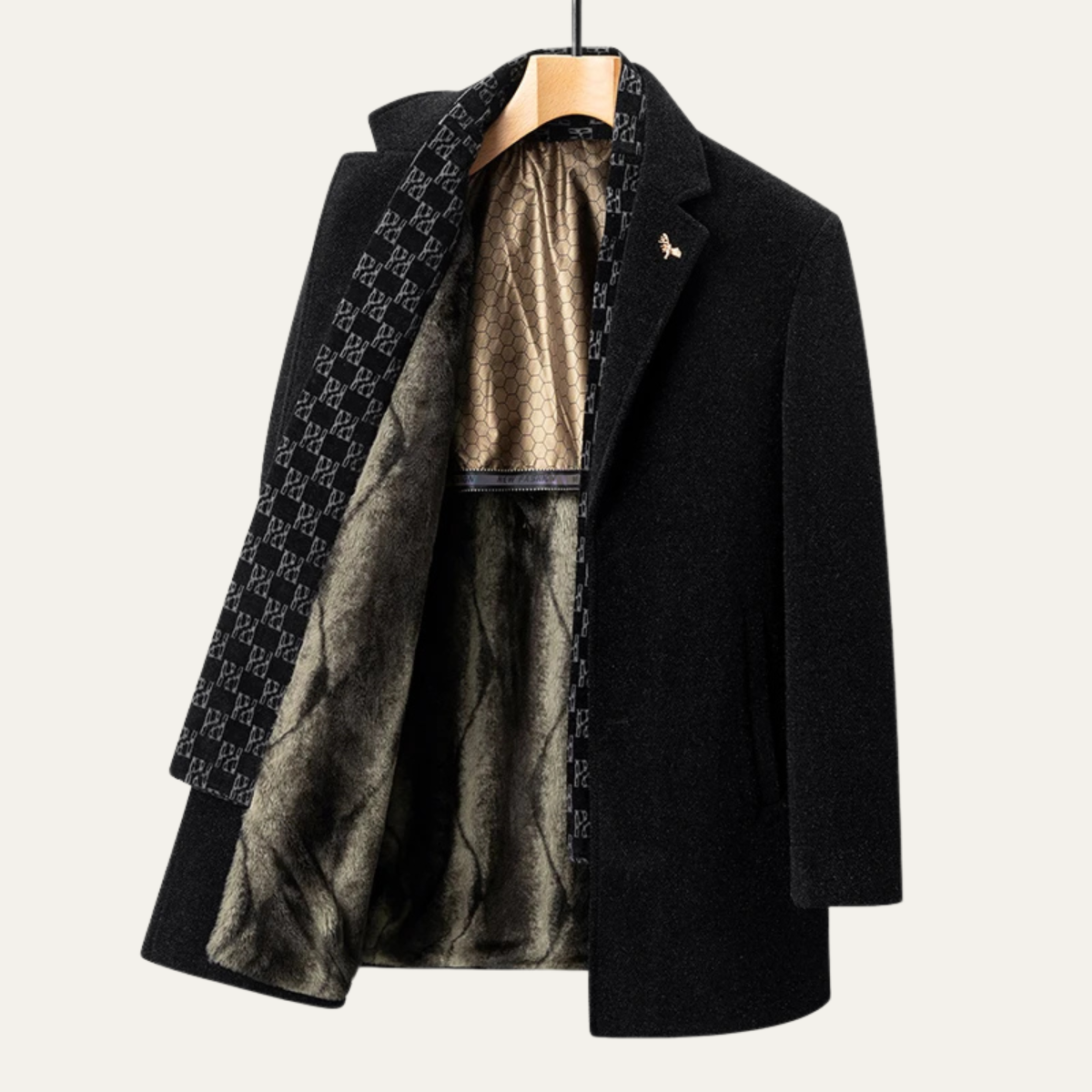 Voss | Men's Wool Overcoat Black Quilted Lining