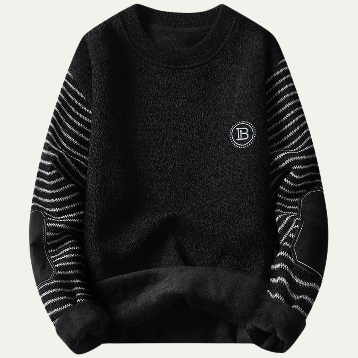 Sage | Men's Crew Neck Sweater Gray Striped Sleeve Patchwork