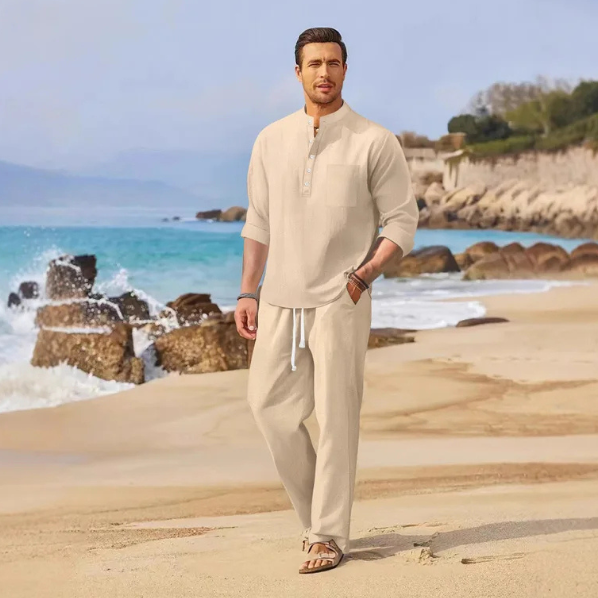 Eli | Men's Linen Set Cream Henley Shirt And Pants