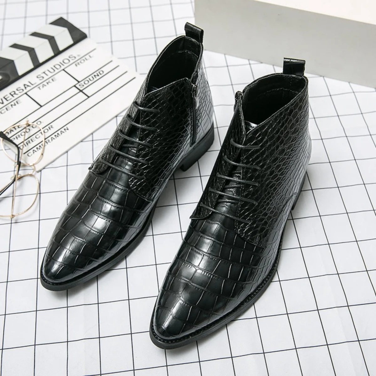 Knox | Men's Crocodile Leather Lace Up Ankle Boots Black