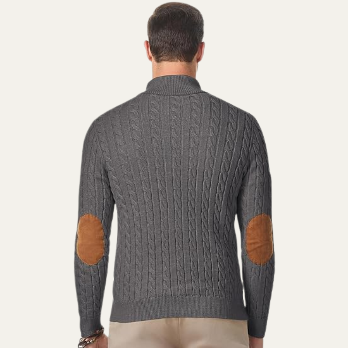 Bram | Men's Cable Knit Sweater Black Elbow Patch Quarter Zip