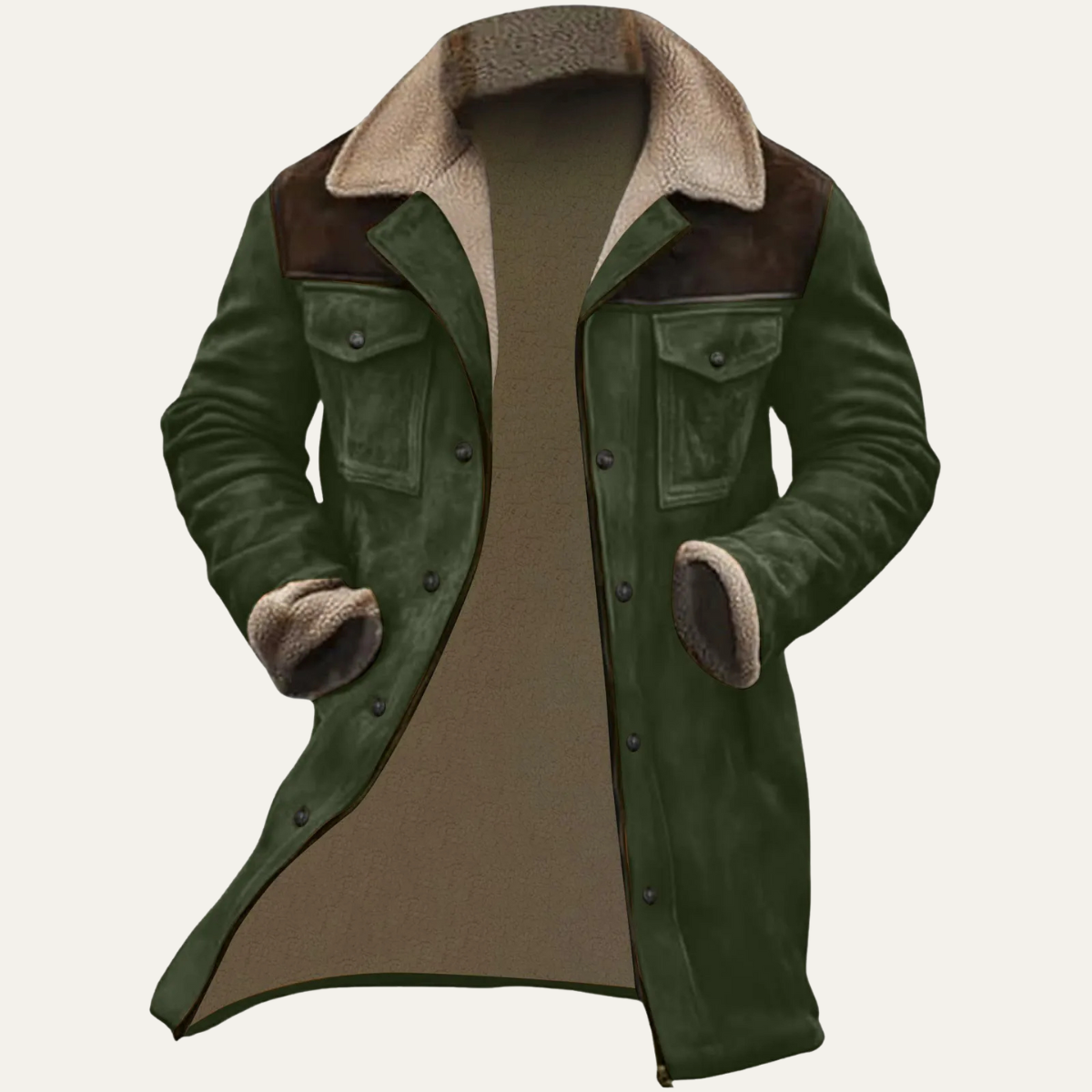 Cole | Men's Suede Sherpa Lined Jacket Olive Green Chest Pockets