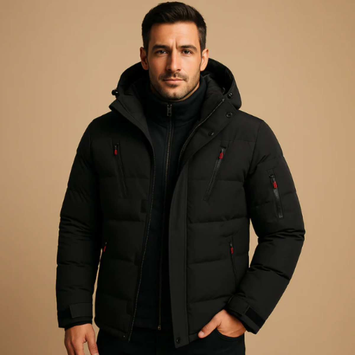 Zain | Men's Puffer Jacket Red Hooded Quilted Winter Coat