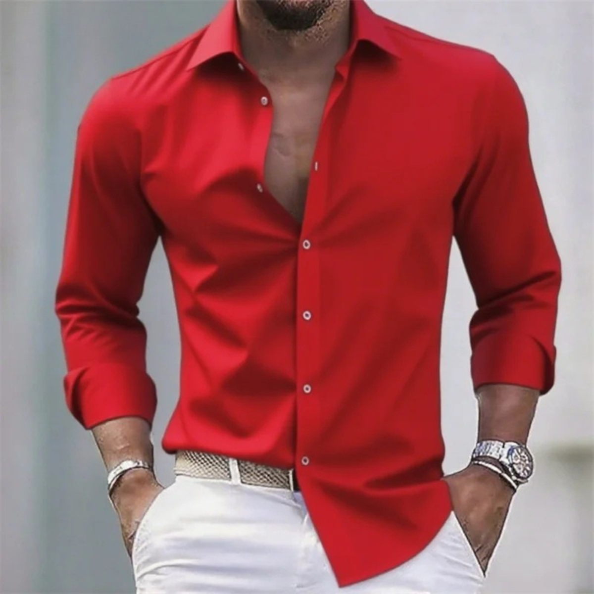 Ezra | Men's Slim Fit Button Up Shirt Cream Long Sleeve
