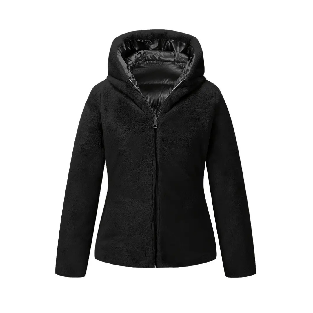 Freya | Women's Sherpa Puffer Jacket Black Hooded Zip Up