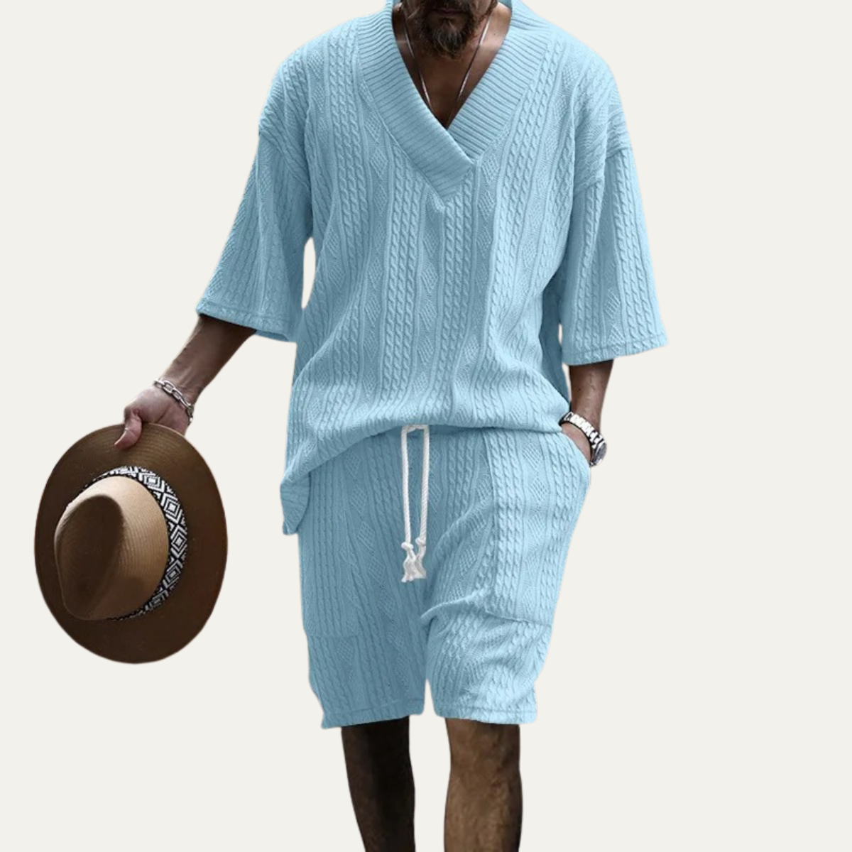Bram | Men's Lounge Set Light Blue Cable Knit V Neck Shorts