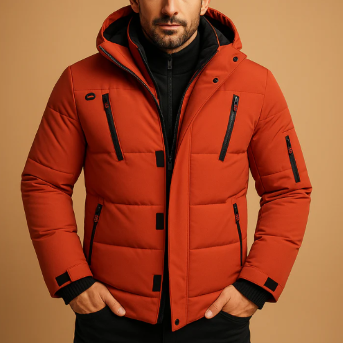 Zain | Men's Puffer Jacket Red Hooded Quilted Winter Coat