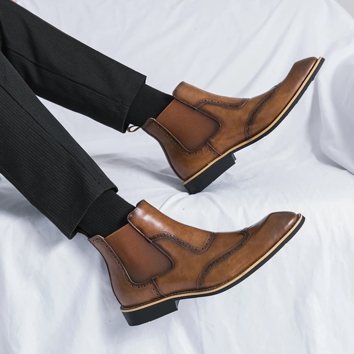 Axel | Men's Brogue Chelsea Dress Boots Brown Leather
