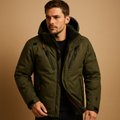 Dama Washington Flint men's olive puffer jacket hooded zip pockets - front view