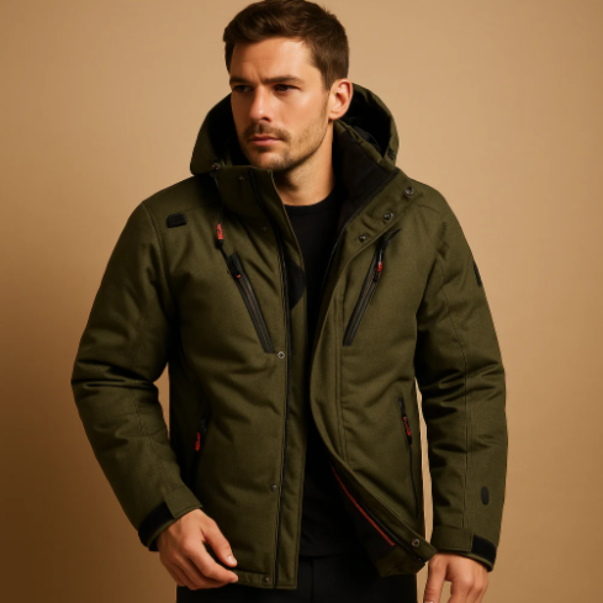 Flint | Men's Olive Puffer Jacket Hooded Zip Pockets