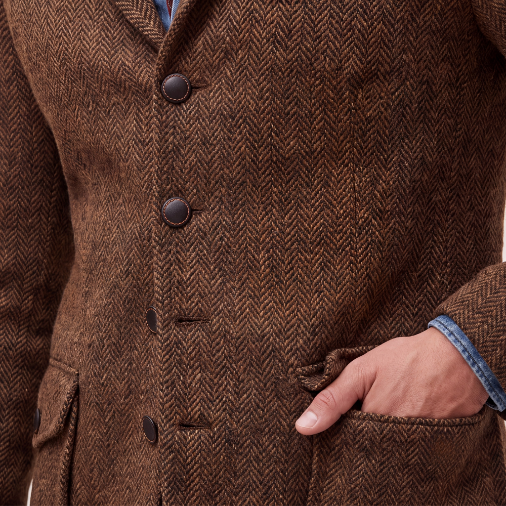 Voss | Men's Tweed Herringbone Blazer Brown Single Breasted