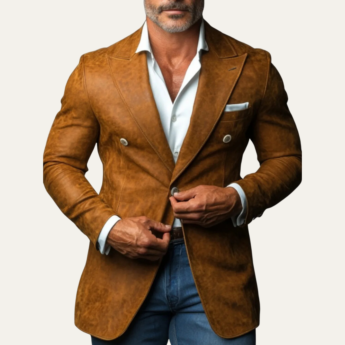 Beau | Men's Smart Casual Double Breasted Suede Blazer Brown